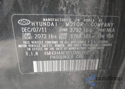 2012 Hyundai Elantra Gls (Ulsan Plant) из США, поврежденный, VIN KMHDH4AE6CU385701